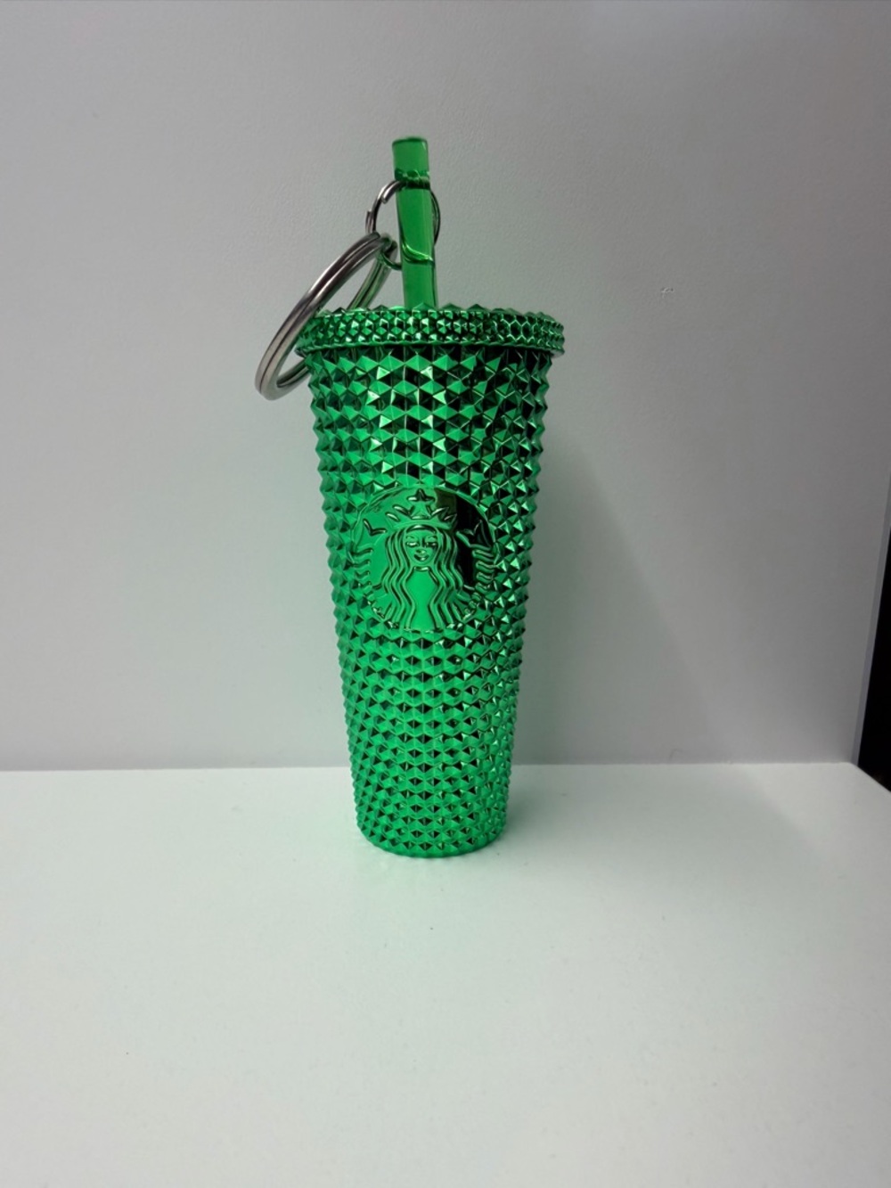 Starbucks Winter Chrome Studded Green Cup Keychain Ornament